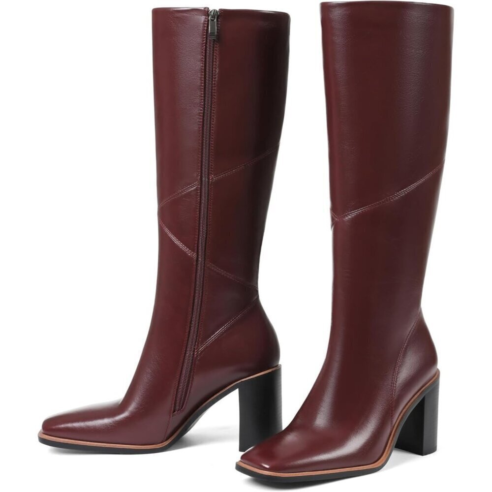 🆕Women’s Polyurethane Burgundy Square Toe Chunky Block Heel Leather Zip Up Boot